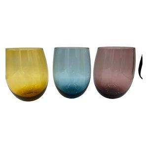 set of 3 Stemless Wine Glasses 14 oz. Amber, Blue, Purple 4" Tall